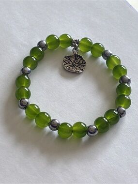 Green Beaded Stretch Bracelet with Silver Accents